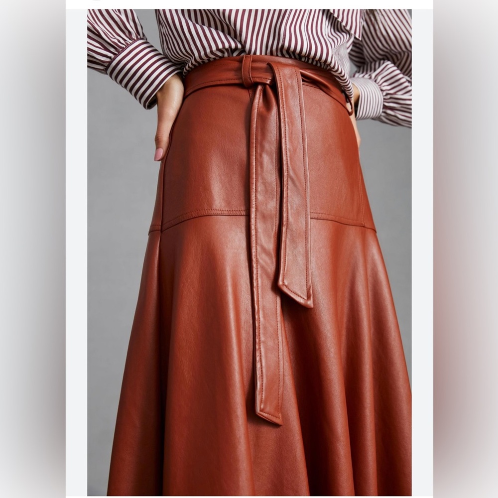 Anthropologie Eva Franco Faux Leather Brown Belted Midi City Skirt
